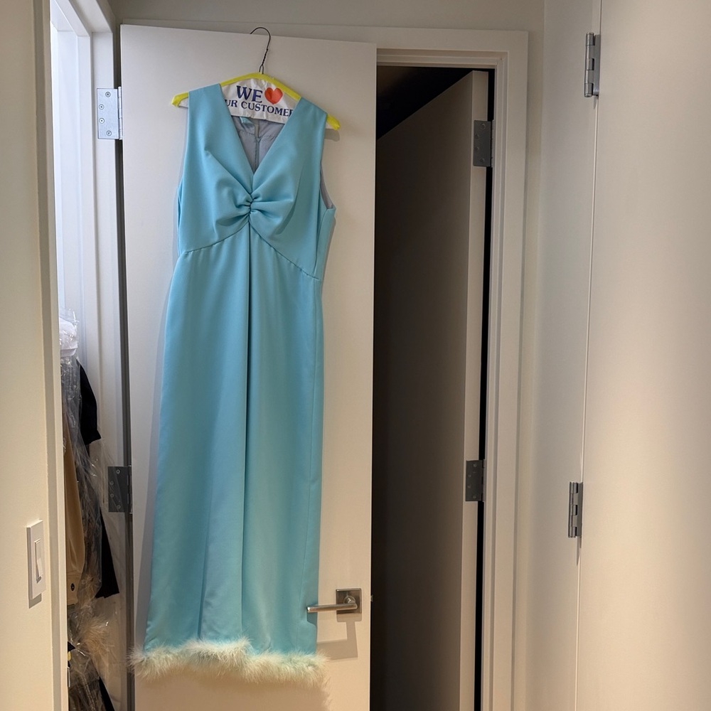 1960s Handmade Light Blue Dress with Feather Trim